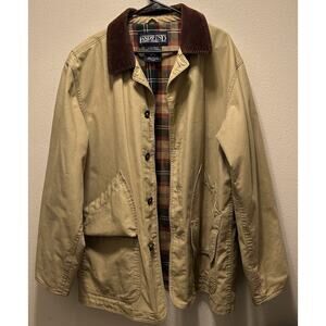 Vintage Lands‎ End Jacket Men’s L Tan Chore Coat Barn Canvas Plaid Corduroy Trim